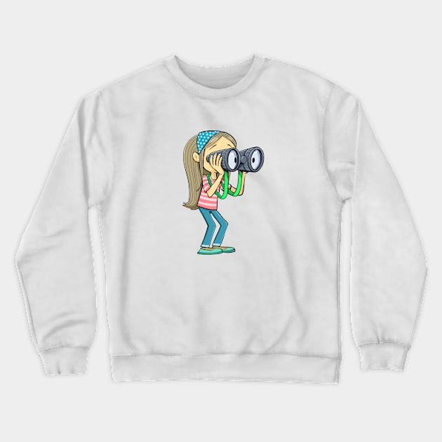 girl with a scarf in her hair looks carefully into the distance with binoculars Crewneck Sweatshirt by duxpavlic